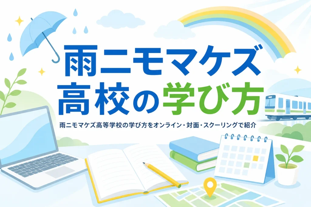 雨ニモマケズ高等学校のオンライン授業や対面授業、スクーリングなどの学び方を紹介する記事のアイキャッチ