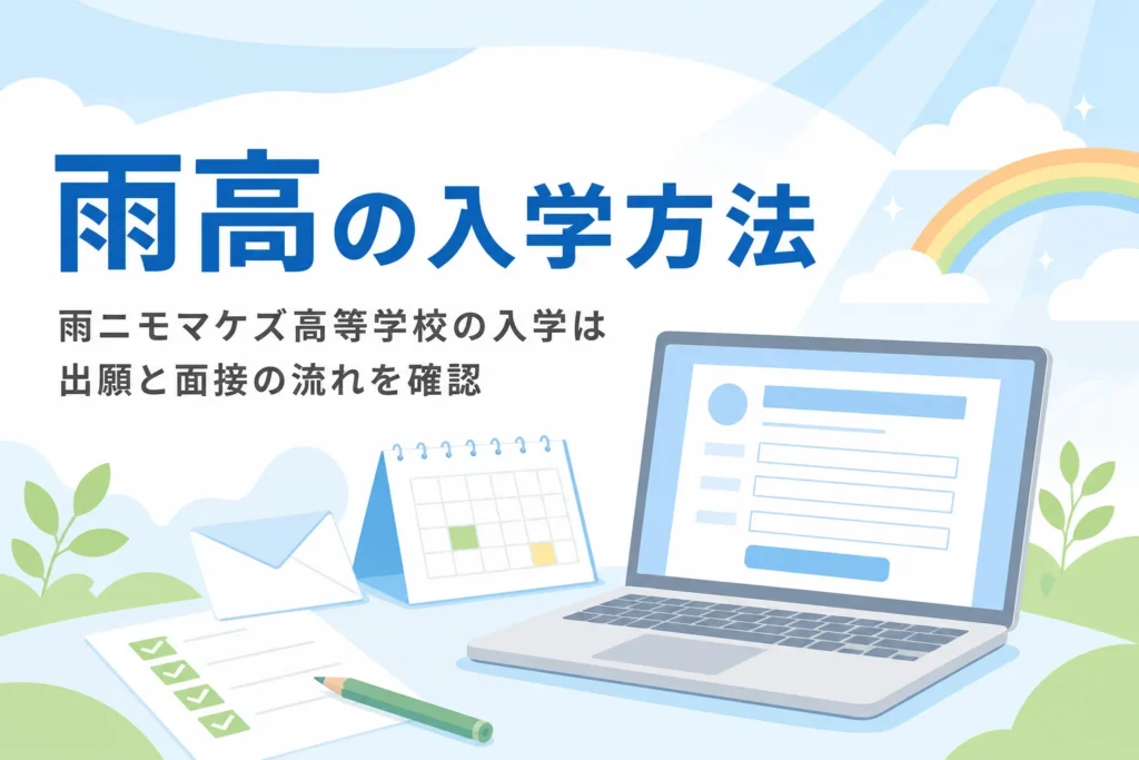 雨ニモマケズ高等学校の入学方法と、出願から面接・入学までの流れを紹介する記事のアイキャッチ
