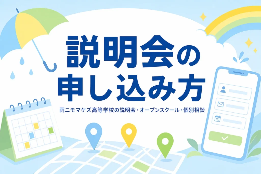 雨ニモマケズ高等学校の説明会・オープンスクール・個別相談の日程と申し込み方を紹介する記事のアイキャッチ