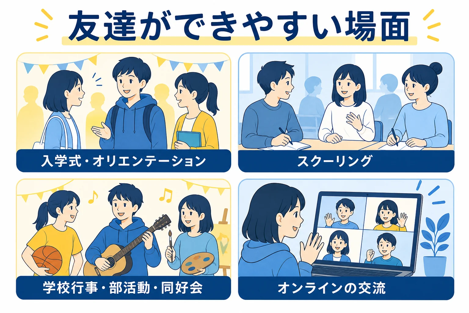 通信制高校で友達ができるきっかけになりやすい場面を並べた図解